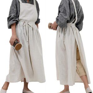 Pleated Cotton Long Apron X Back Kitchen Garden Florist Work Clothes Bib Dress